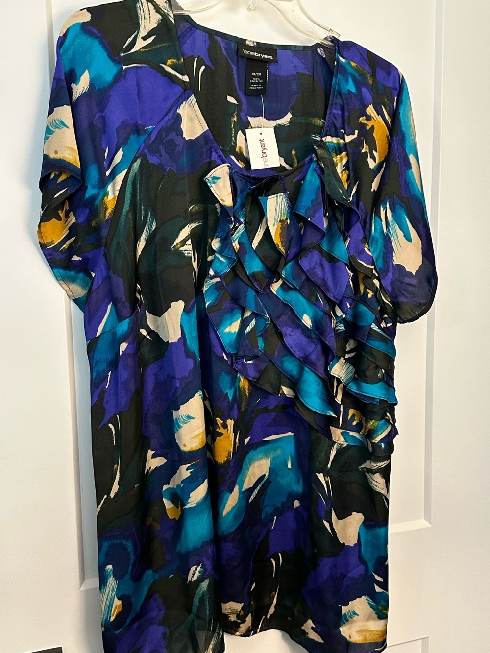 Lane Bryant Blue Teal Purple Abstract Ruffle Blouse